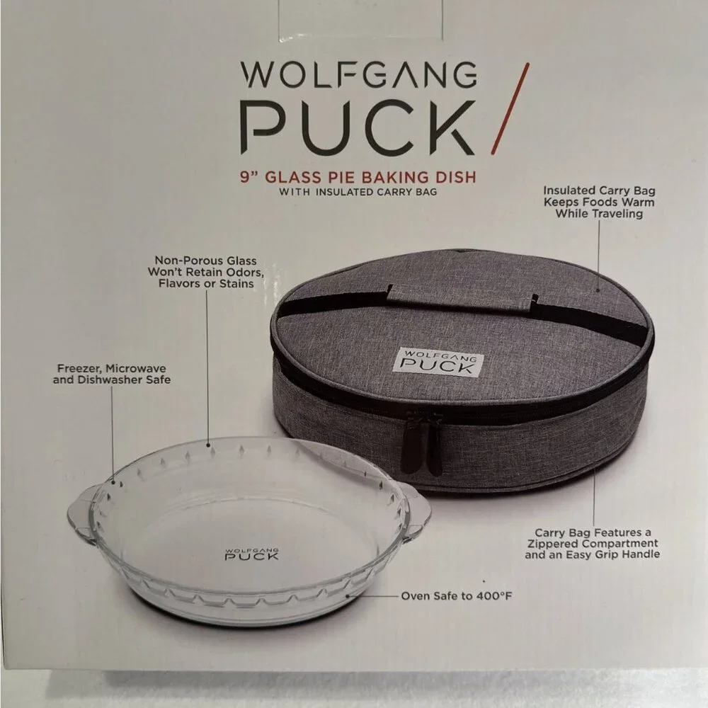 NWOT Wolfgang Puck 9 inch Glass Pie Dish W/ Insulated Carry Bag New in box